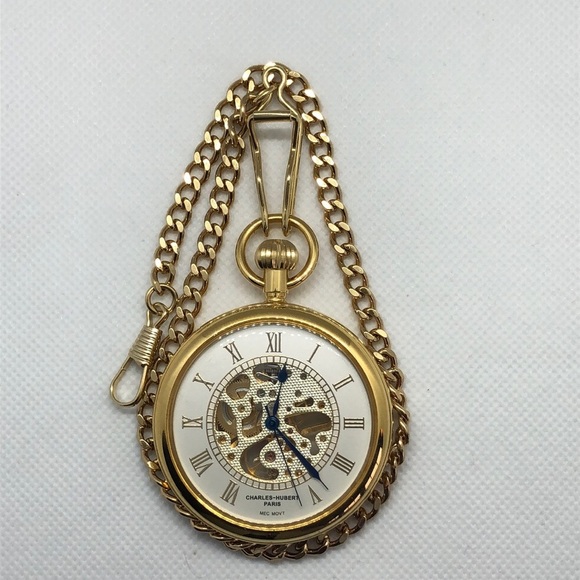 Charles-Hubert Paris Other - Gold-tone Charles-Hubert Paris 17 Jewel Pocket Watch Mechanical Movement + Chain